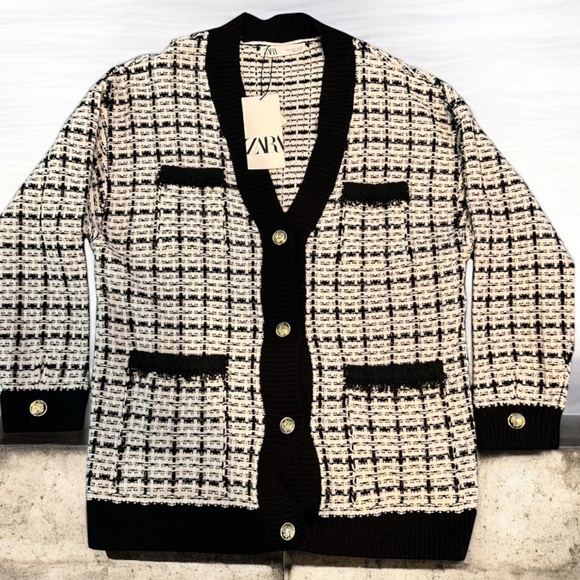 Zara Sweaters - ZARA Tweed Knit Cardigan Black White Gold Button Womens Small NWT